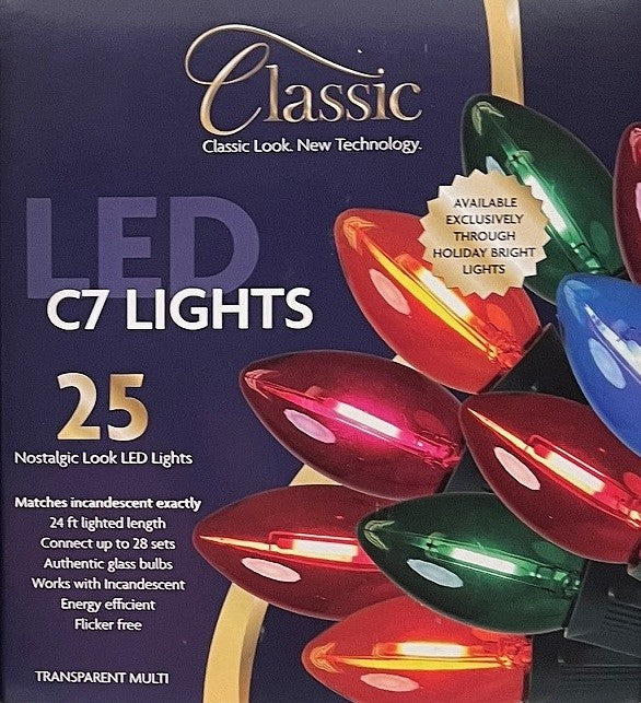 This image shows the box that these transparent multi-colored lights come in. It reads "Classic look, new technology. LED C7 lights. 25 nostalgic-look LED lights. Matches incandescent exactly. 24 ft. lighted length. Connect up to 28 sets. Authentic glass bulbs. Works with incandescent. Energy-efficient. Flicker free."