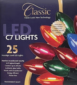 This image shows the box that these transparent multi-colored lights come in. It reads "Classic look, new technology. LED C7 lights. 25 nostalgic-look LED lights. Matches incandescent exactly. 24 ft. lighted length. Connect up to 28 sets. Authentic glass bulbs. Works with incandescent. Energy-efficient. Flicker free."
