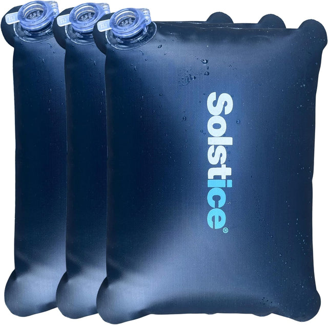 This image shows the three pack of blue reusable ice packs. They read "Solstice" but the "solst" is in white and the "ice" is in blue.