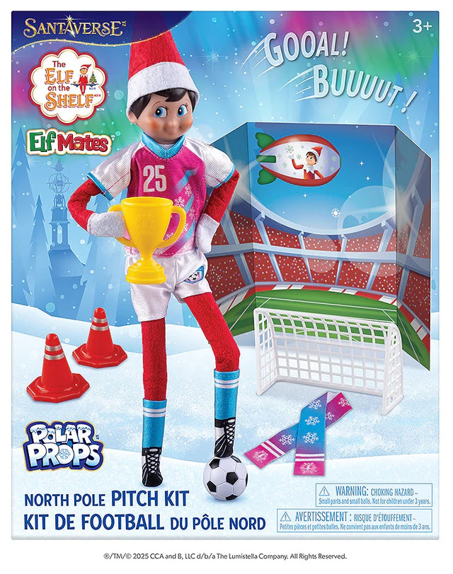 This image shows the packaging that this soccer kit comes in. It reads "Santaverse. The Elf on the Shelf Elf Mates. Polar Props North Pole Pitch Kit."