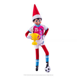 This image shows a Scout Elf on a white background wearing the soccer uniform and holding the trophy.