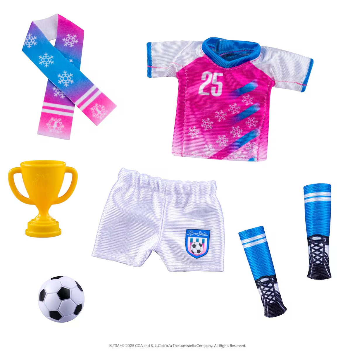 This image shows everything that is included in this elf soccer kit. It includes: Uniform shirt, uniform shorts, scarf, printed pitch, goal net, soccer ball, 2 cones and a trophy.