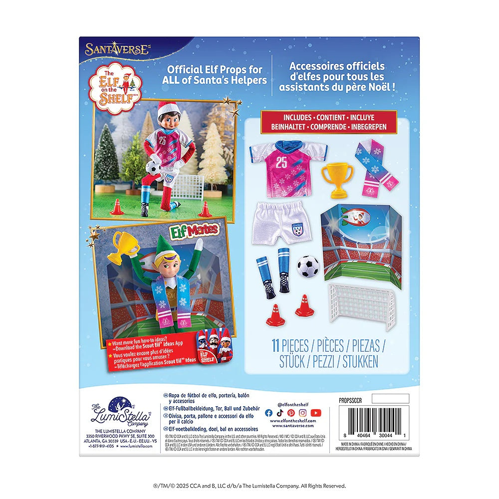 This image shows the back of the packaging this soccer kit comes in. It reads "Santaverse.The Elf on the Shelf. Official elf props for ALL of Santa's Helpers. Want more fun how-to ideas? Download the Scout Elf Ideas App!"