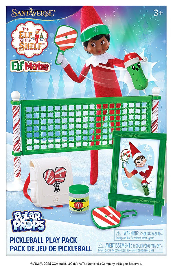 This image shows the packaging that this pickleball elf set comes in. It reads "Santaverse. The Elf on the Shelf Elf Mates. Polar Props Pickleball Play Pack."