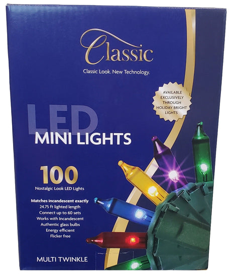 This image shows the packaging that these lights come in. The box reads "Classic Look. New Technology. LED Mini Lights. 100 nostalgic look LED lights. Matches incandescent exactly. 24.75 ft. lighted length. Connect up to 60 sets. Works with incandescent. Authentic glass bulbs. Energy efficient. Flicker free. Multi Twinkle."