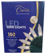 This image shows the packaging that these lights come in. The box reads "Classic Look. New Technology. LED Mini Lights. 100 nostalgic look LED lights. Matches incandescent exactly. 24.75 ft. lighted length. Connect up to 60 sets. Works with incandescent. Authentic glass bulbs. Energy efficient. Flicker free. Warm White Twinkle."