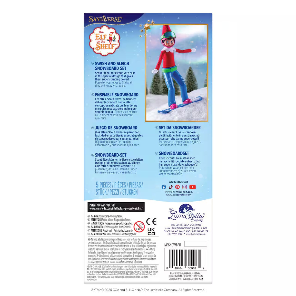 This is the back of the packaging that this snowboard kit comes in. It reads "Santaverse. The Elf on the Shelf Swish and Sleigh Snowboard Set. Scout Elf helpers stand with ease in this special design that gives them super standing power."