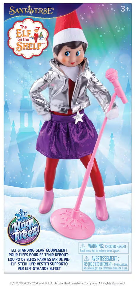This image shows the packaging that this popstar kit comes in. It reads "Santaverse. The Elf on the Shelf MagiFreez Elf Standing Gear Equipment."