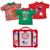 This image shows the three elf t-shirts and the suitcase on a white background.