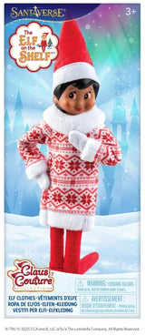 This image shows the packaging that this Elf on the Shelf dress comes in. It reads "Santaverse. The Elf on the Shelf Claus Couture Collection Elf Clothes."