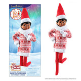 On the left side of this image, there's the packaging that this elf dress comes in. On the right side of the image, it shows a Scout Elf wearing the dress.