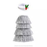 This image shows the silver hat accessory with the holly leaves and red berries on it and the silver tinsel dress for a Scout Elf.