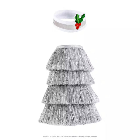 This image shows the silver hat accessory with the holly leaves and red berries on it and the silver tinsel dress for a Scout Elf.