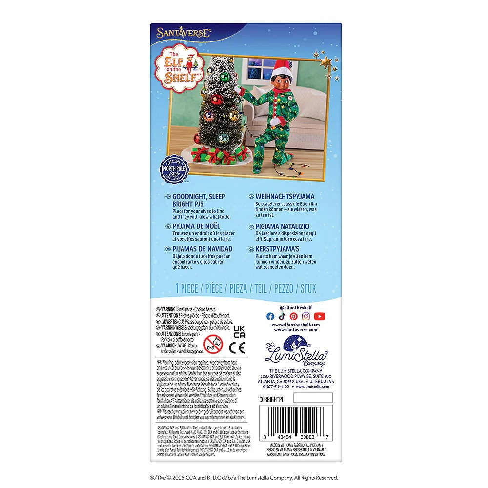 This is the back of the packaging that these pajamas comes in. It reads "Santaverse. The Elf on the Shelf Goodnight, Sleep Bright PJs. Place for your elves to find and they will know what to do."