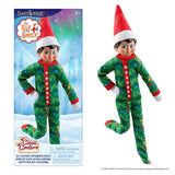 This image shows the packaging on the left and the Scout Elf wearing the pajamas on the right.