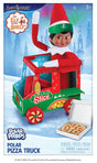 This image shows the packaging that this pizza prop comes in. It reads "Santaverse. The Elf on the Shelf Polar Props Polar Pizza Truck."