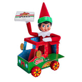 This image shows a Scout Elf inside the pizza truck holding a pizza box on a white background.