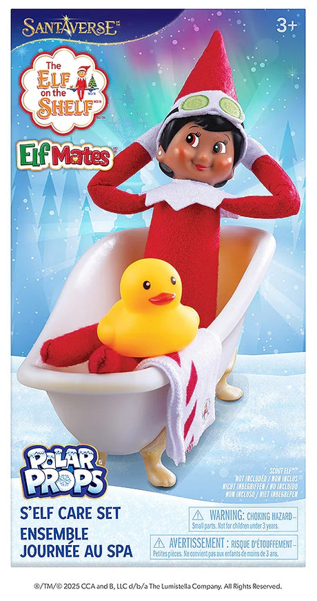 This image shows the packaging that this self care kit comes in. It reads "Santaverse. The Elf on the Shelf Elf Mates. Polar Props S'elf Care Set."