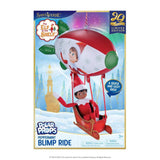 This image shows the packaging that this Elf on the Shelf blimp comes in. It reads "Santaverse. A quick and easy idea! Polar Props. Peppermint Blimp Ride. Ages 3+. 20th Anniversary. Limited Edition."
