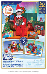 This is the packaging that this Elf on the Shelf kit comes in. It reads "Santaverse. 20th Anniversary Elf on the Shelf Limited Edition. Includes three pop up scenes. Polar Props Insta-Moment Pop Ups. 27 pieces. Ages 3+"