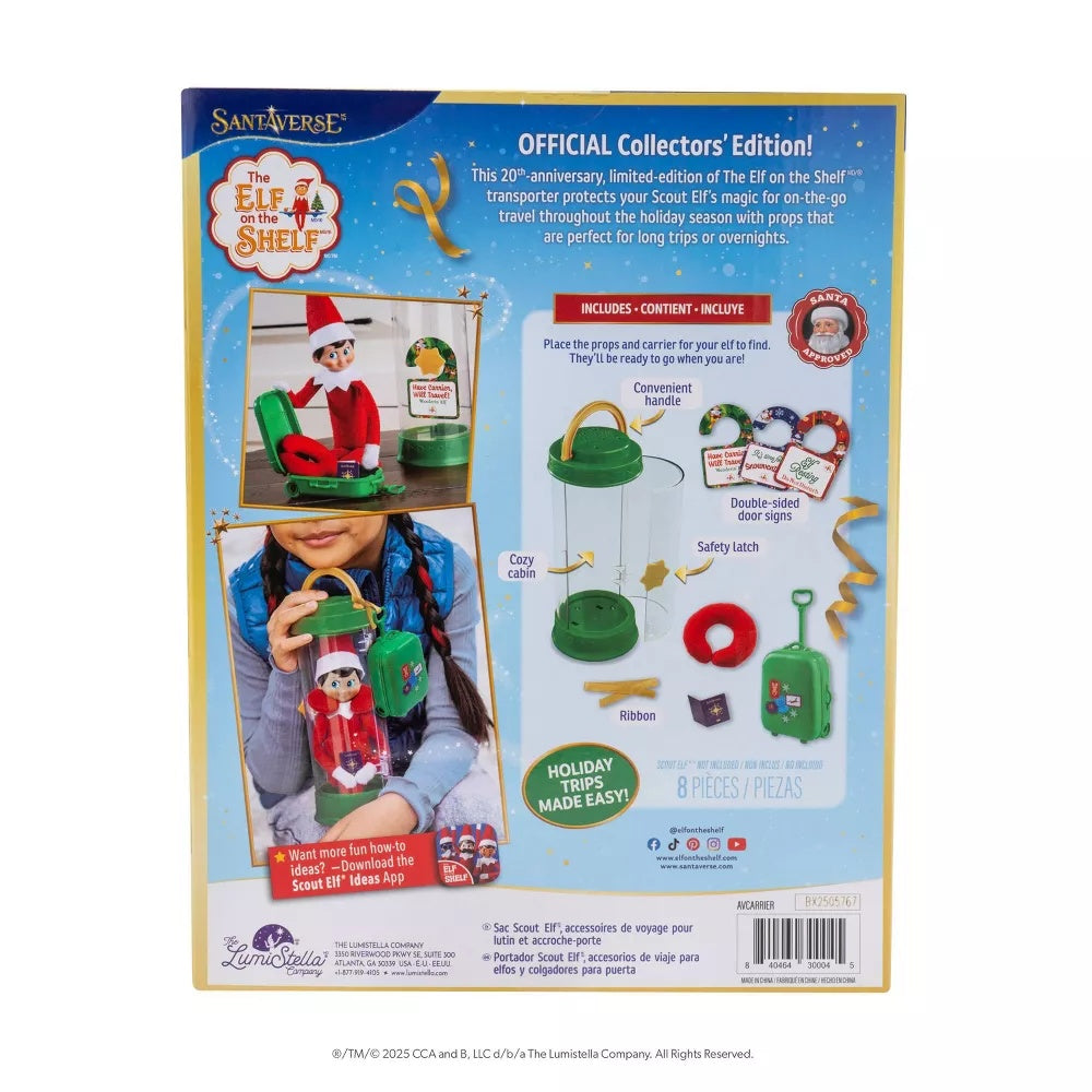 This is the back of the packaging for this Elf on the Shelf kit. It reads "Official Collectors' Edition! This 20th anniversary, limited-edition of The Elf on the Shelf transporter protects your Scout Elf's magic for on-the-go travel throughout the holiday season with props that are perfect for long trips or overnights."