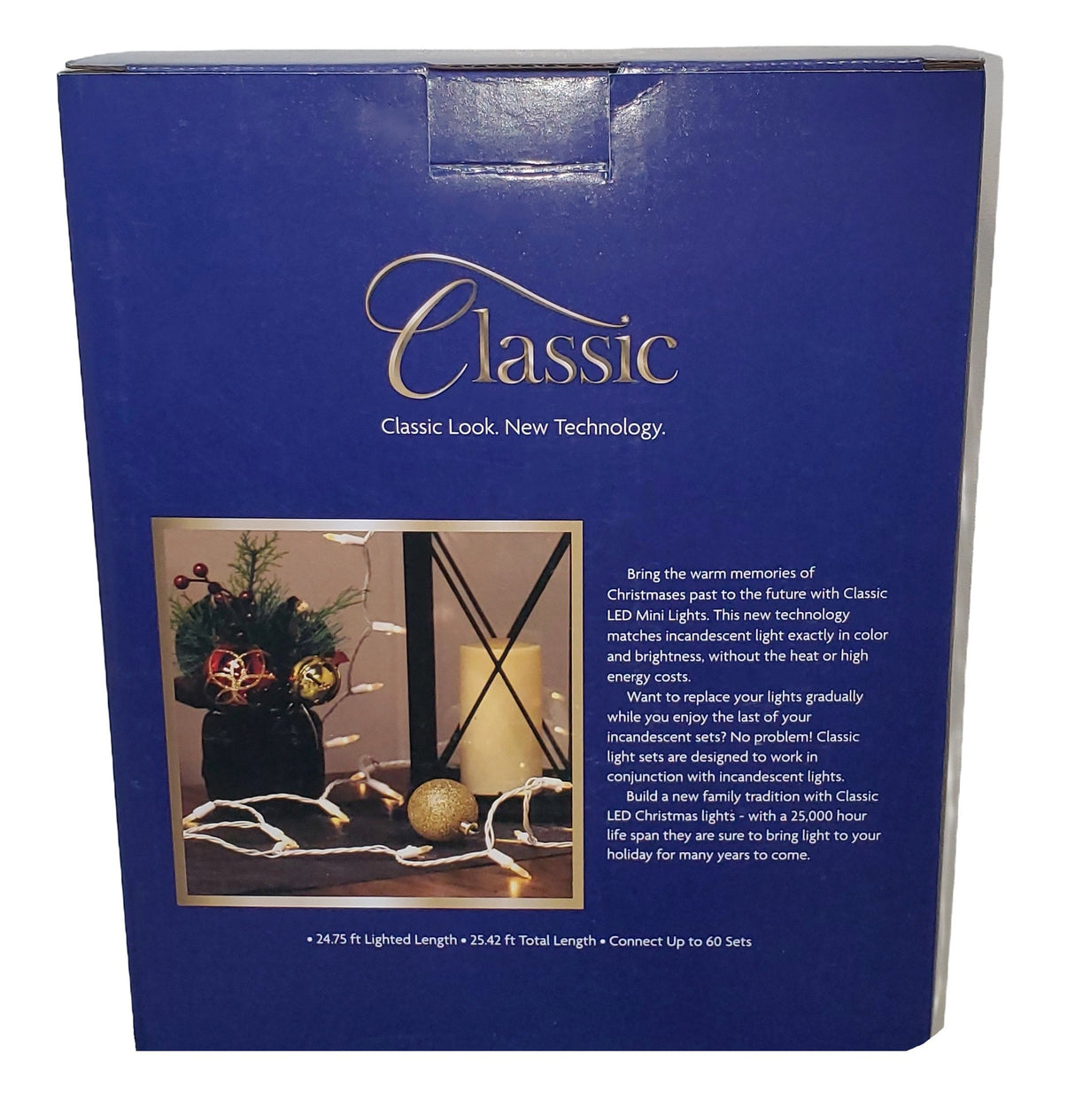 This is the back of the box that these lights come in. It features a lifestyle image showing these warm white lights on a white wire on a table decorated for Christmas.