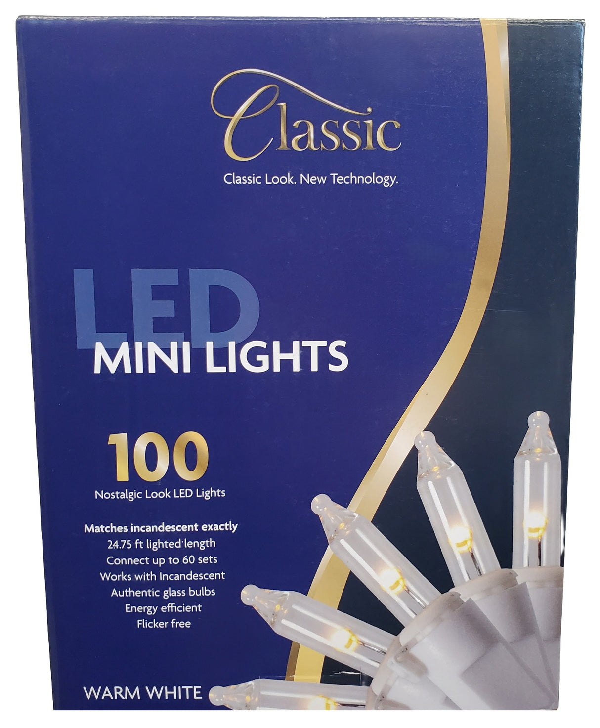 This image shows the packaging that these lights come in. The box reads "Classic Look. New Technology. LED Mini Lights. 100 nostalgic look LED lights. Matches incandescent exactly. 24.75 ft. lighted length. Connect up to 60 sets. Works with incandescent. Authentic glass bulbs. Energy efficient. Flicker free. Warm White."