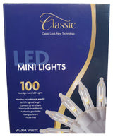 This image shows the packaging that these lights come in. The box reads "Classic Look. New Technology. LED Mini Lights. 100 nostalgic look LED lights. Matches incandescent exactly. 24.75 ft. lighted length. Connect up to 60 sets. Works with incandescent. Authentic glass bulbs. Energy efficient. Flicker free. Warm White."
