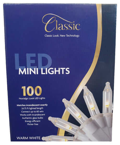 This image shows the packaging that these lights come in. The box reads "Classic Look. New Technology. LED Mini Lights. 100 nostalgic look LED lights. Matches incandescent exactly. 24.75 ft. lighted length. Connect up to 60 sets. Works with incandescent. Authentic glass bulbs. Energy efficient. Flicker free. Warm White."