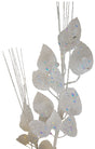 This image shows a white glitter pick spray with leaves and branches decorated with iridescent glitter. This image shows it on a white background.
