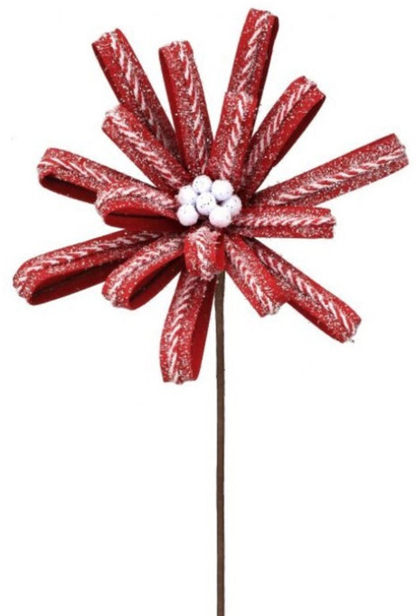 This image shows a decorative pick spray made of red loops covered in white glitter. The loops feature red and white striped string and there are white glitter covered balls in the center.