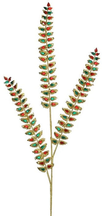 This image shows a pick spray with a gold stem, gold branches and gold leaves. Inside the leaves, there are red and green gems.
