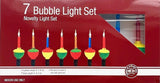 This image shows the packaging that this item comes in. It reads "7 Bubble Light Set. Novelty Light Set. Lighted length: 6' (1.8 m). Total length: 8' (2.4 m). Remains lit even if one bulb goes out. Indoor use only. Connect up to 6 light sets. Plugs are at both ends."