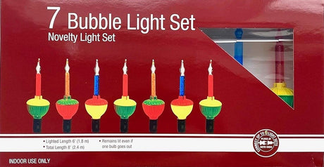 This image shows the packaging that this item comes in. It reads "7 Bubble Light Set. Novelty Light Set. Lighted length: 6' (1.8 m). Total length: 8' (2.4 m). Remains lit even if one bulb goes out. Indoor use only. Connect up to 6 light sets. Plugs are at both ends."