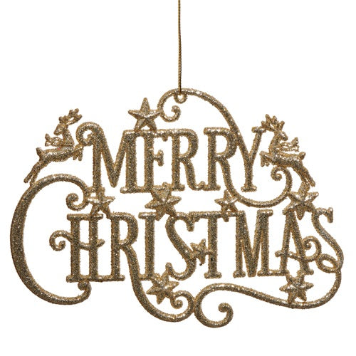 Christmas ornament that reads "Merry Christmas" and features lofty swirls, stars and reindeer.
