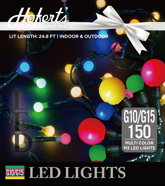 This image shows the packaging that these lights come in. It reads "Hofert's since 1880. Lit length is 24.8 ft. For indoor and outdoor use. G10/G15 150 multi color M3 LED lights."