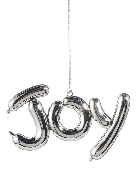 This ornament reads "JOY" and was designed to look like it was shaped from balloons. It's made from shiny silver plastic.