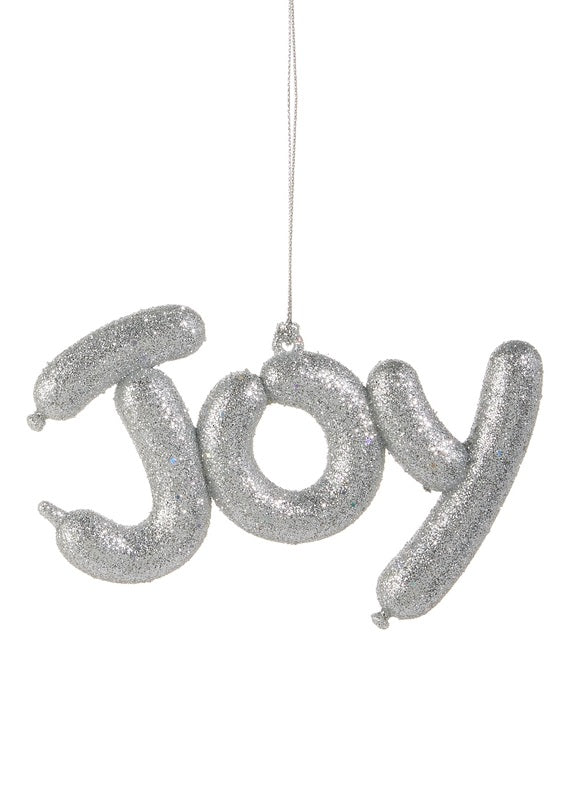 This ornament reads "JOY" and was designed to look like it was shaped from balloons. It's covered in silver glitter.