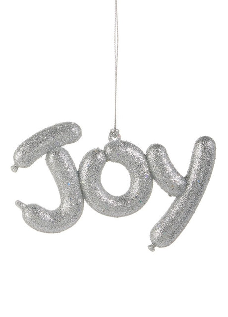 This ornament reads "JOY" and was designed to look like it was shaped from balloons. It's covered in silver glitter.