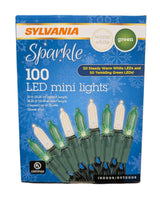 Sylvania Warm White and Green LED mini lights packaging with green and white lights on a blue background