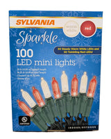 Sylvania Sparkle Warm White and Red LED mini lights packaging with red and white bulbs on a blue background.
