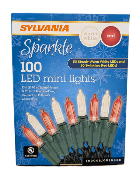 Sylvania Sparkle Warm White and Red LED mini lights packaging with red and white bulbs on a blue background.