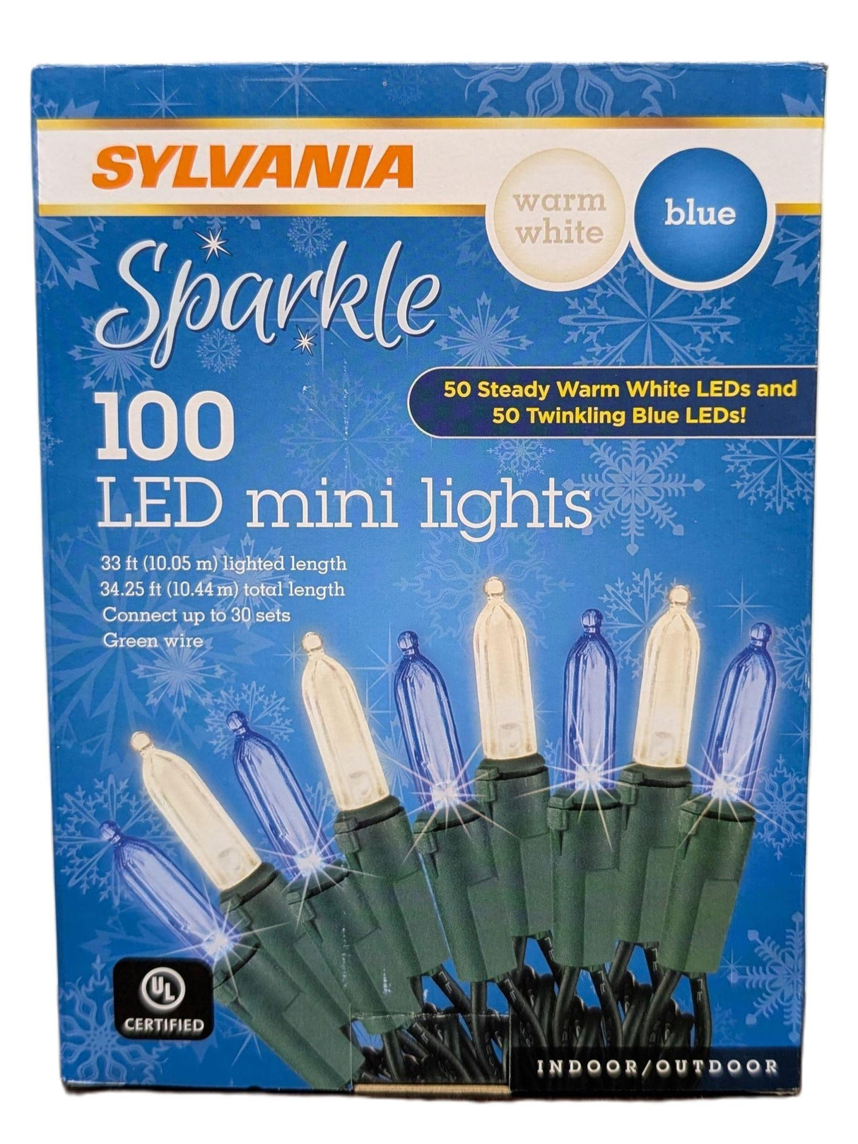 Sylvania Sparkle Warm White and Blue LED mini lights packaging with blue and white lights on a blue background