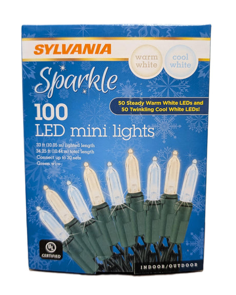 Sylvania Sparkle Warm White and Cool White LED mini lights packaging with Christmas tree lights on a blue background.