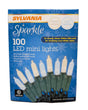 Sylvania Sparkle Warm White and Cool White LED mini lights packaging with Christmas tree lights on a blue background.
