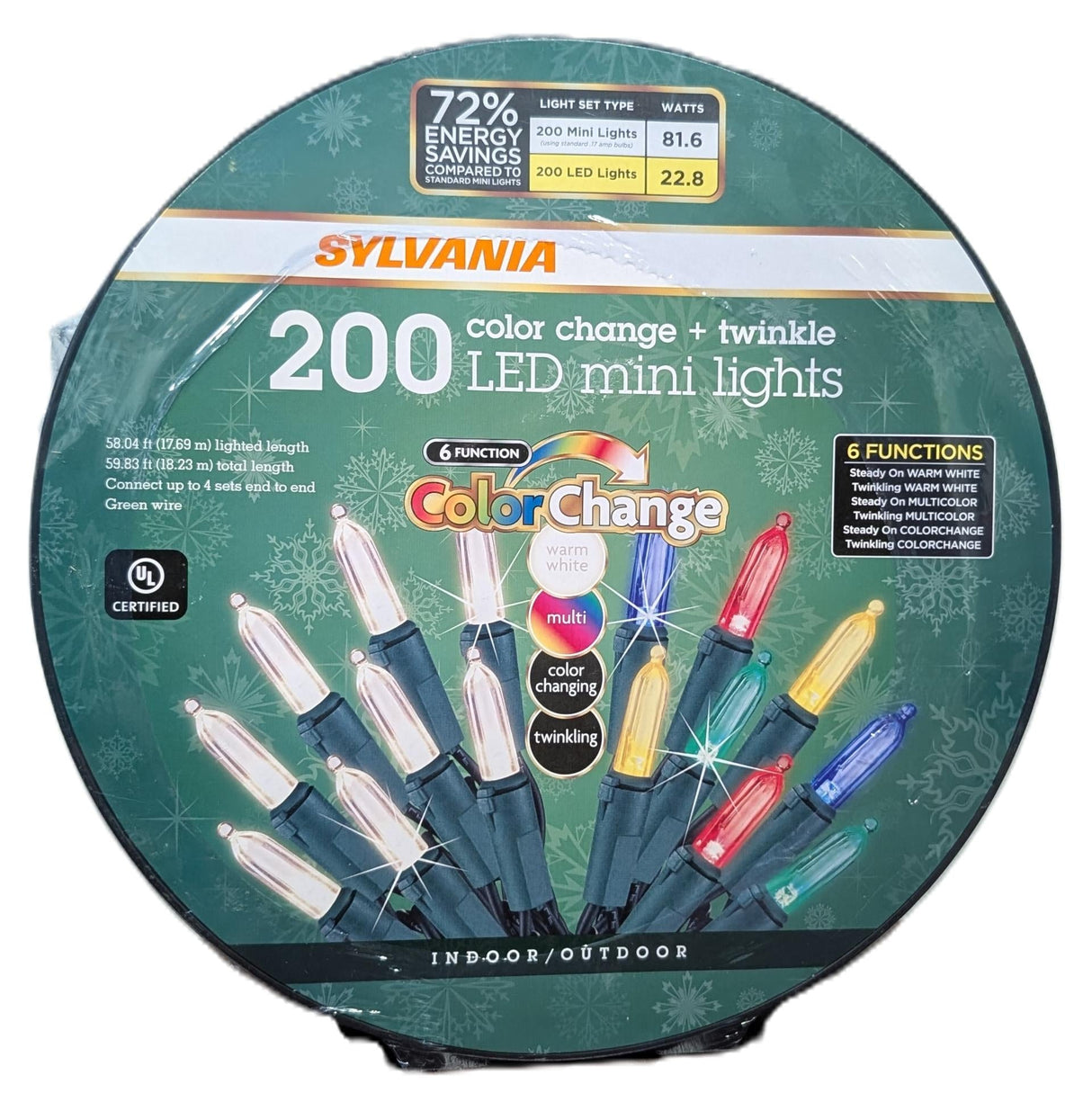This image shows the packaging that these lights come in. It reads "SYLVANIA. 200 Color Change Twinkle LED Mini Lights. Lighted Length: 58.04 ft. Total Length: 59.83 ft. Wire Color: Green. 72% energy savings compared to standard mini lights. 6 Functions: Steady On - Warm White, Twinkling - Warm White, Steady On - Multi-Colored, Twinkling - Multi-Colored, Steady On - Color Change and Twinkling - Color Change. Indoor/Outdoor use. UL certified."