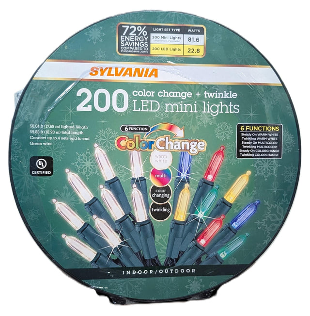This image shows the packaging that these lights come in. It reads "SYLVANIA. 200 Color Change Twinkle LED Mini Lights. Lighted Length: 58.04 ft. Total Length: 59.83 ft. Wire Color: Green. 72% energy savings compared to standard mini lights. 6 Functions: Steady On - Warm White, Twinkling - Warm White, Steady On - Multi-Colored, Twinkling - Multi-Colored, Steady On - Color Change and Twinkling - Color Change. Indoor/Outdoor use. UL certified."