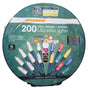 This image shows the packaging that these lights come in. It reads "SYLVANIA. 200 Color Change Twinkle LED Mini Lights. Lighted Length: 58.04 ft. Total Length: 59.83 ft. Wire Color: Green. 72% energy savings compared to standard mini lights. 6 Functions: Steady On - Warm White, Twinkling - Warm White, Steady On - Multi-Colored, Twinkling - Multi-Colored, Steady On - Color Change and Twinkling - Color Change. Indoor/Outdoor use. UL certified."