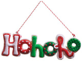 This image shows an ornament that reads "Ho ho ho." It's designed to look like it's made of cookies that have been decorated with different colored frosting. The first H is white with a red border. The first O is red with white polka dots. The second H is green. The second O is green with red polka dots. The third H is red with a white border. The third O is light green and dark green checkered.