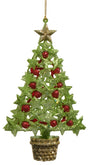 This image shows a glitter ornament designed to look like a Christmas tree with a gold star on top. The tree leaves are made up of green stars with red circular berries. The base of the tree is gold.